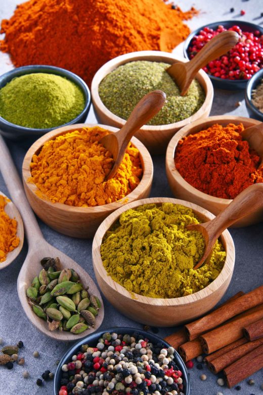 Variety of spices on kitchen table